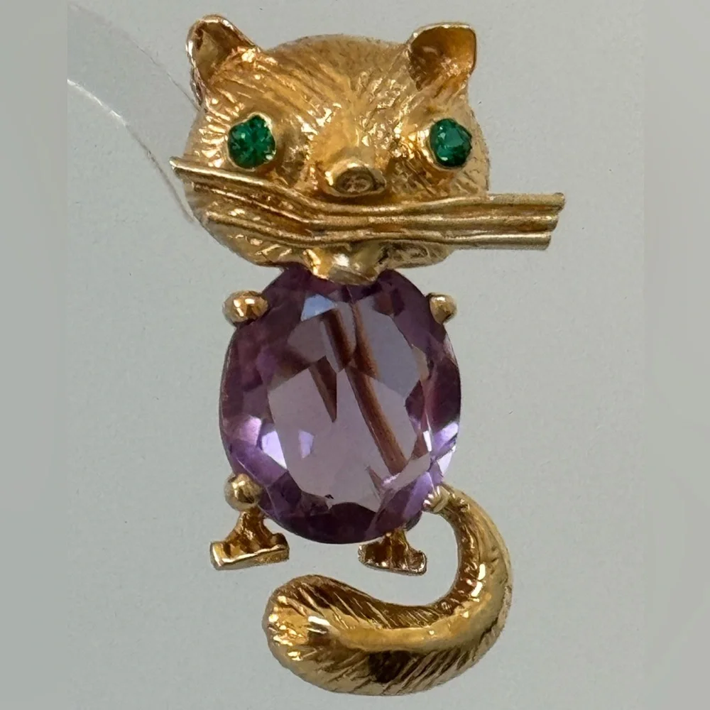 14k real solid gold amethyst emeralds eyes Cat brooch
